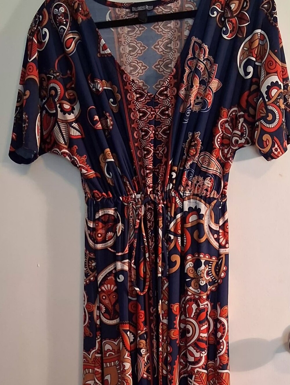 Navy blue and orange Boho paisley-print Short Sleeve maxi dress Tie String Waist